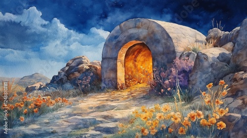 empty tomb of Jesus,Easter, watercolor 