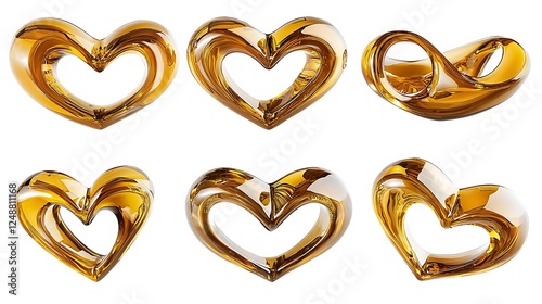 Gold Heart Shapes Collection, Abstract Design, 3D Render, Decorative Objects photo