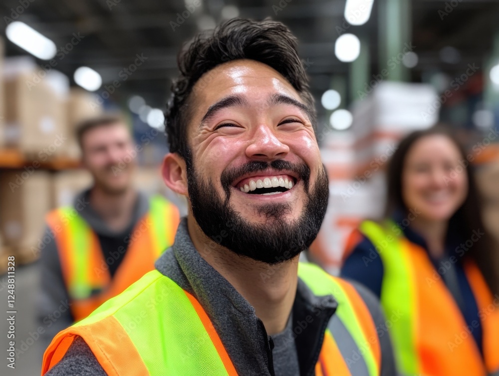 Naklejka premium happy warehouse workers wearing safety vests