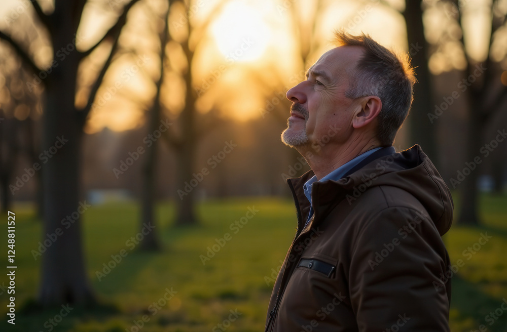 a man walks in the forest of a natural park and breathes fresh air. concept of mental health, breathing, inhalation, relaxation a man walks in the forest of a natural park and breathes fresh air. concept of mental health, breathing, inhalation, relaxation