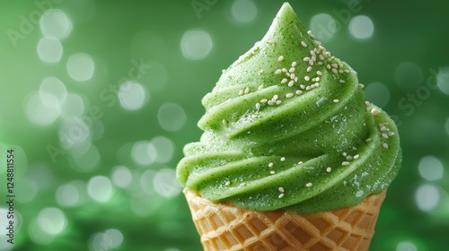 Delicious green soft serve ice cream in a waffle cone with a blurred green background