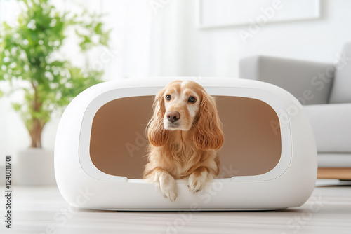 A golden retriever relaxing in a sleek white doghouse surrounded by a modern living room with light-colored furnishings. Fresh plants add a welcoming touch