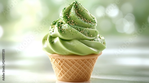 Creamy green soft-serve ice cream in a waffle cone with sparkling toppings on a blurred background