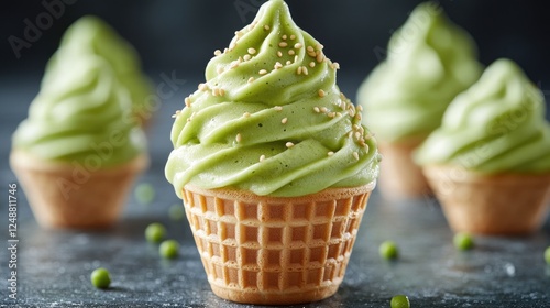 Delicious green tea soft serve ice cream cones displayed on a dark surface with scattered peas
