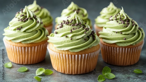 Freshly baked green tea cupcakes with chocolate sprinkles on a textured surface