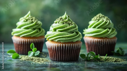 Three beautifully decorated matcha cupcakes with green frosting on a textured background