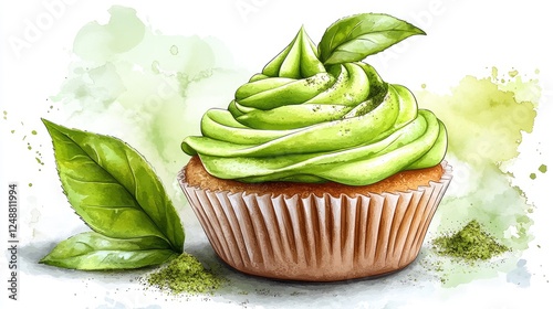 Delicious green tea cupcake with creamy frosting and fresh leaves on a watercolor background