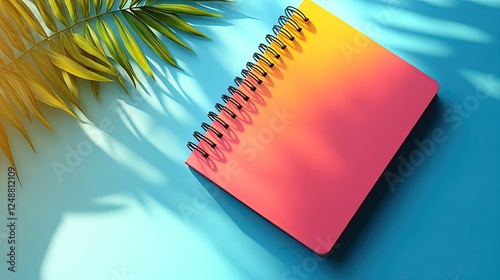 Vibrant spiral notebook resting on a blue and orange gradient surface with tropical leaves