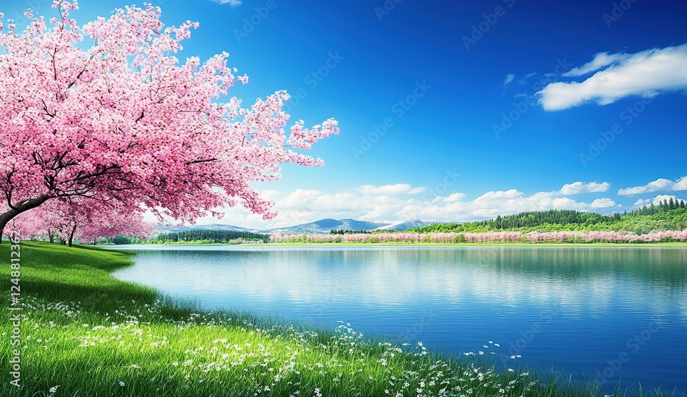 Serene Lake Spring Blossoms: Pink Trees and Tranquil Waters Reflecting Sunny Skies, Green Grass Meadows, and Distant Mountains in a Picturesque Landscape Serene Lake Spring Blossoms: Pink Trees and Tranquil Waters Reflecting Sunny Skies, Green Grass Meadows, and Distant Mountains in a Picturesque Landscape