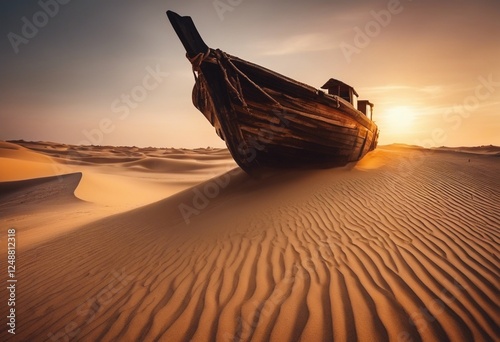 A weathered wooden ship rests on rippled sand dunes under a warm, setting sun, creating a striking contrast between the desert and the maritime vessel, evoking themes of abandonment and timelessness. photo