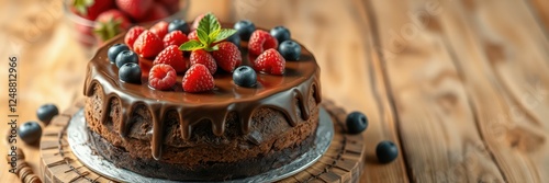 Indulgent chocolate cake topped with fresh raspberries and blueberries on a rustic wooden table photo