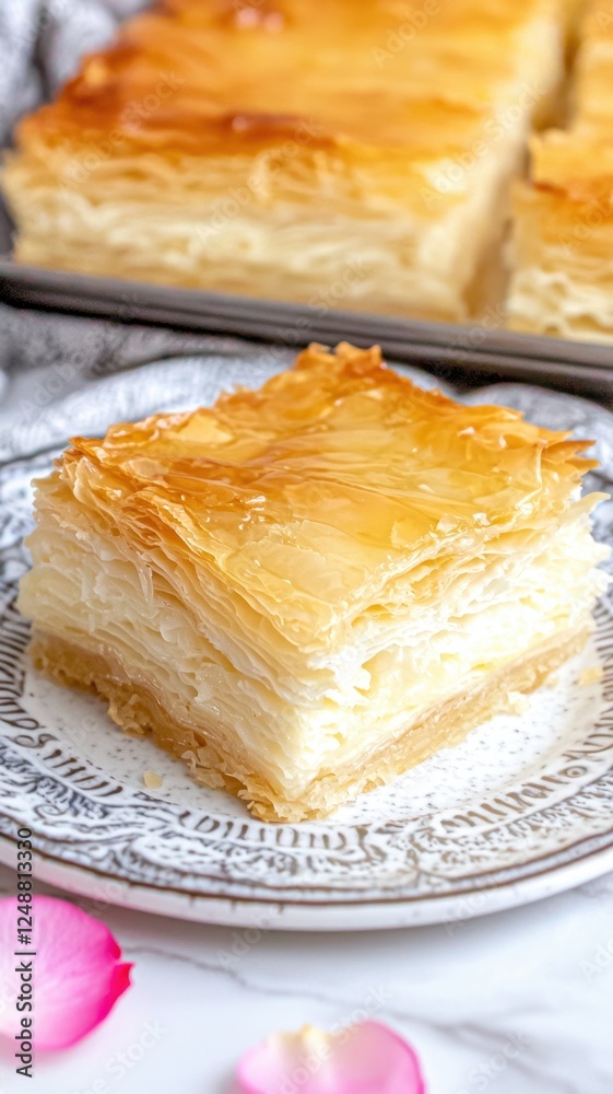 Delicious Creamy Greek Baklava Pastry Dessert Slice on Plate Delicious Creamy Greek Baklava Pastry Dessert Slice on Plate