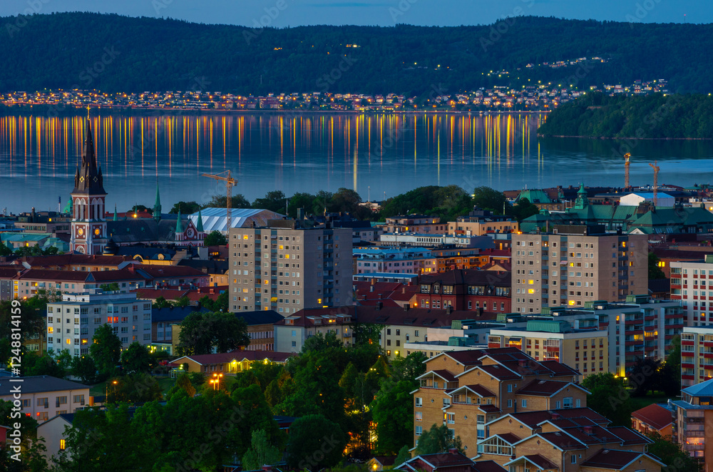 Rooftops of Jonkoping in nightfall. Sweden