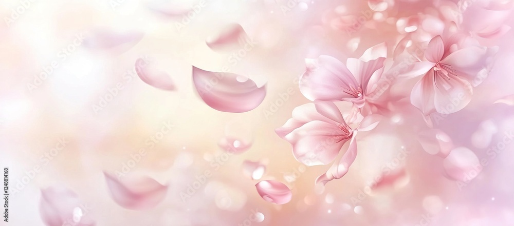 Delicate Pink Blossoms Falling Gently in Spring Breeze, Creating a Serene and Tranquil Atmosphere of Beauty. Delicate Pink Blossoms Falling Gently in Spring Breeze, Creating a Serene and Tranquil Atmosphere of Beauty.