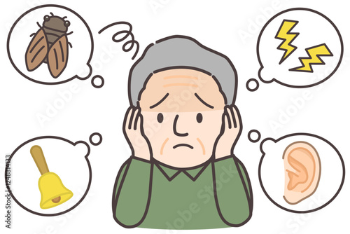 耳鳴りや騒音が気になるシニア男性のイラスト