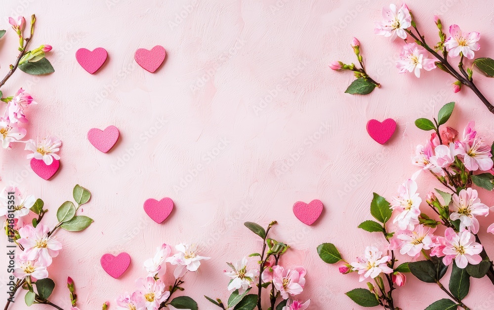 Fototapeta premium Chic mockup background with space for text featuring delicate heart patterns combined with a watercolor floral arrangement for Saint Valentines Day and 8 March International Womens Day