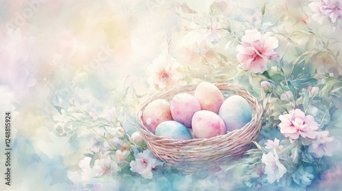 Pastel Easter Eggs in a Floral Basket - A Delicate Watercolor Painting