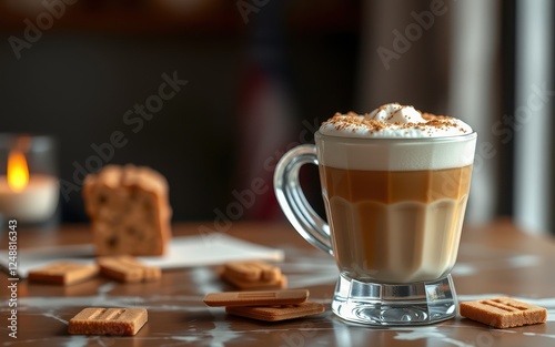 A glass of latte with whipped cream and cinnamon sits on a wooden table, accompanied by cookies and a slice of cake photo