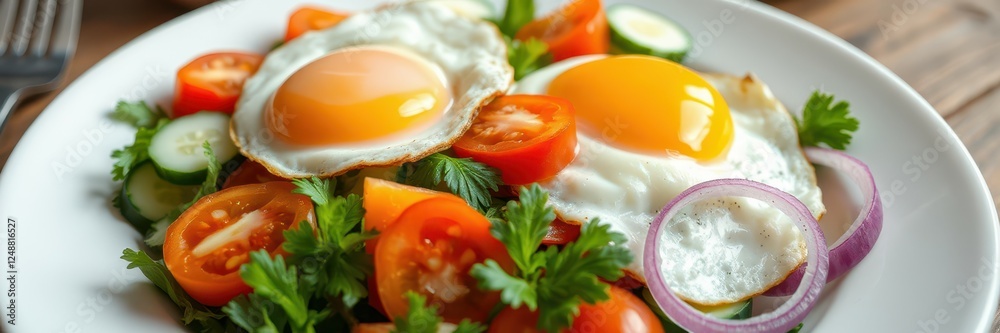 Fresh vegetable salad topped with sunny-side-up eggs on a white plate Fresh vegetable salad topped with sunny-side-up eggs on a white plate