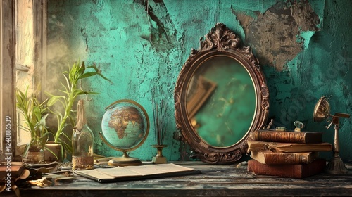 Vintage mirror with decorative elements on a rustic vanity photo