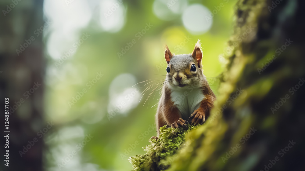 Naklejka premium Curious red squirrel perched on a mossy tree branch observing its surroundings in a dense forest filled with greenery and natural light. This charming sight captures the essence of wildlife