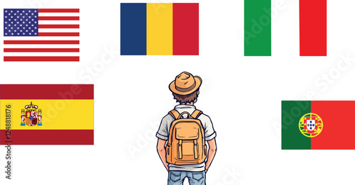 Vsai traveler contemplating flags of five nations