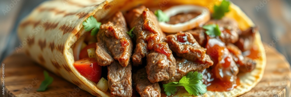 Delicious grilled beef wrapped in soft tortilla with fresh vegetables and savory sauce enjoyed at a casual dining setting Delicious grilled beef wrapped in soft tortilla with fresh vegetables and savory sauce enjoyed at a casual dining setting