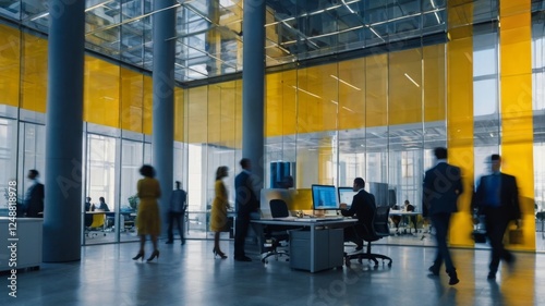 Wallpaper Mural An abstract image showcasing motion-blurred silhouettes of people walking in a modern office environment. The scene is illuminated by contrasting blue and yellow light panels, creating a dynamic and f Torontodigital.ca