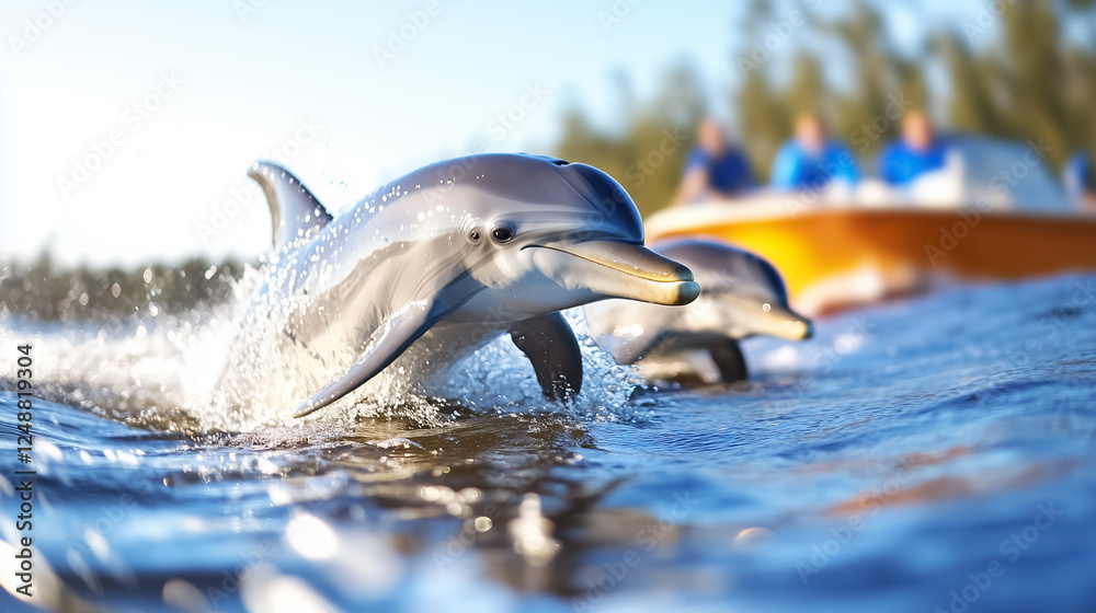 Fototapeta premium Dolphins are playfully riding the waves near a boat during a bright sunny day. Their lively movements create splashes in the water, highlighting their joy and freedom in the ocean