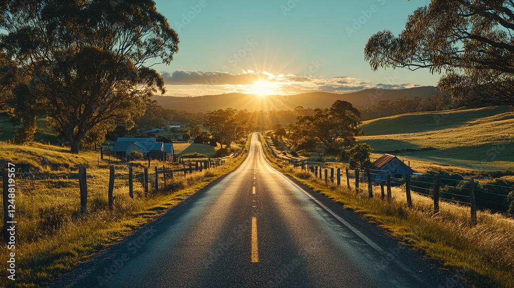 Fototapeta premium quiet rural highway bathed in golden light of dawn, with serene countryside views