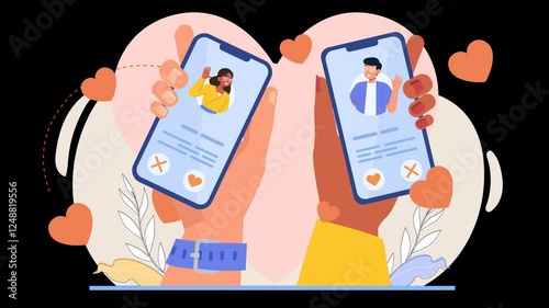 Represent online dating through 2D flat character animation. Characters create profiles, match with others, and engage in conversation within dating apps, all in a sleek, simple style.