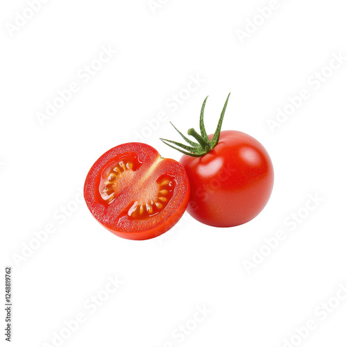 Fresh tomato and sliced tomato, white isolated background.