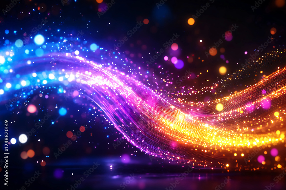Fototapeta premium Fiber Optic Cables in Motion Creating Dynamic Patterns of Light and Color in a Dark Setting, Close-Up Vibrant Shot of Reflecting Fiber Optics
