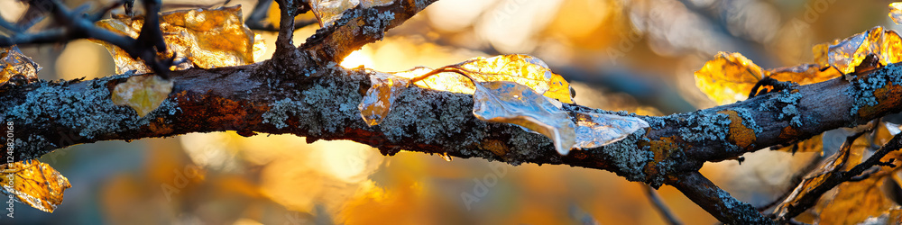Fototapeta premium Lichen-Covered Branch with Translucent Autumn Leaves