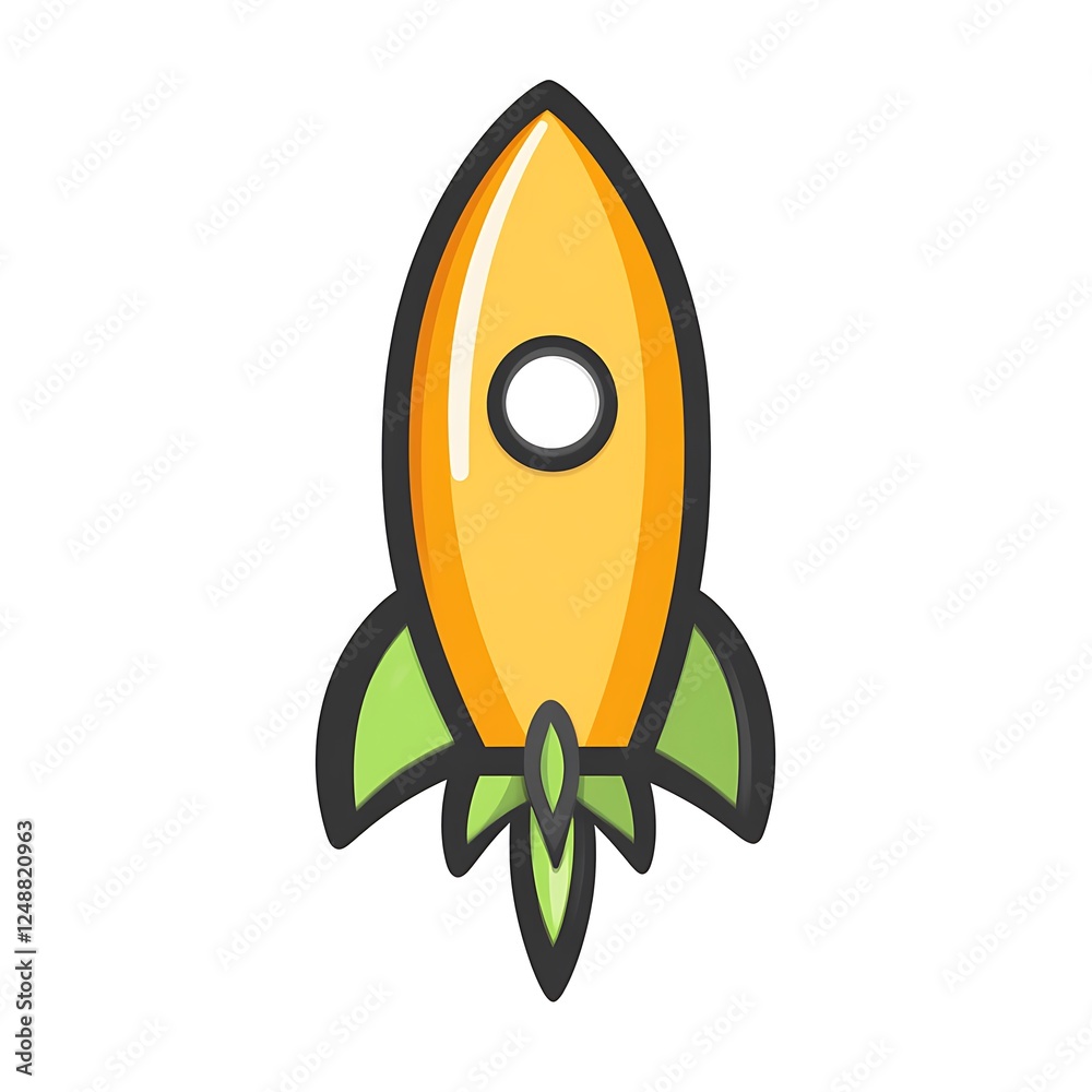 Vector illustration of a retro style rocket with a black outline and a yellow body and green fins