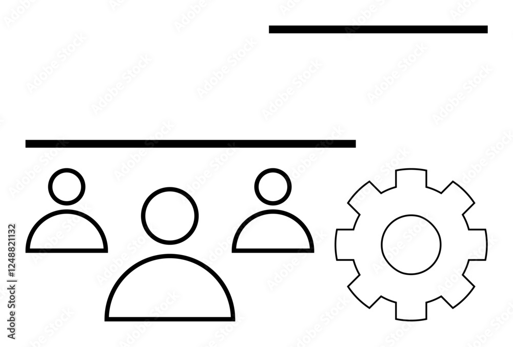 Three user icons connected under lines represent collaboration. Adjacent gear symbolizes processes, teamwork, management, productivity, innovation. Ideal for workflow, cooperation, systems HR Three user icons connected under lines represent collaboration. Adjacent gear symbolizes processes, teamwork, management, productivity, innovation. Ideal for workflow, cooperation, systems HR