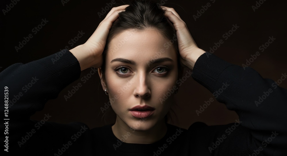 Intense Portrait of Woman with Hands on Head in Dim Lighting, Expressing Contemplation and Focus Intense Portrait of Woman with Hands on Head in Dim Lighting, Expressing Contemplation and Focus