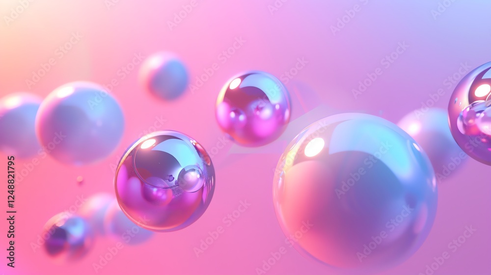 A dreamy and colorful background with iridescent spheres floating in a pink and purple gradient. A dreamy and colorful background with iridescent spheres floating in a pink and purple gradient.