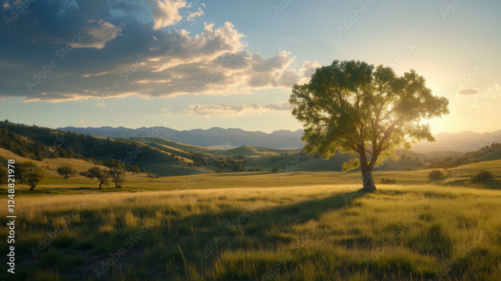 Serene Landscape with Tree and Mountains Under a Sunlit Sky Serene Landscape with Tree and Mountains Under a Sunlit Sky