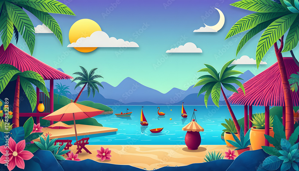 Obraz premium Fun + colorful + exotic + tropical place setting, flat papercut style. with white shades