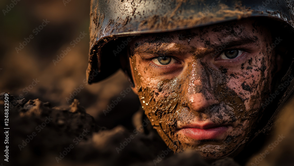 A soldier covered in mud peers intently from a trench, surrounded by debris and the remnants of war in a gritty, challenging landscape A soldier covered in mud peers intently from a trench, surrounded by debris and the remnants of war in a gritty, challenging landscape