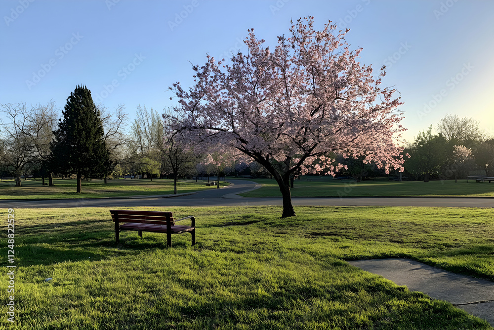 A Serene Spring Morning, Cherry Blossoms in Full Bloom Casting a Gentle Light on Park Benches and Green Lawns Inviting Relaxation A Serene Spring Morning, Cherry Blossoms in Full Bloom Casting a Gentle Light on Park Benches and Green Lawns Inviting Relaxation