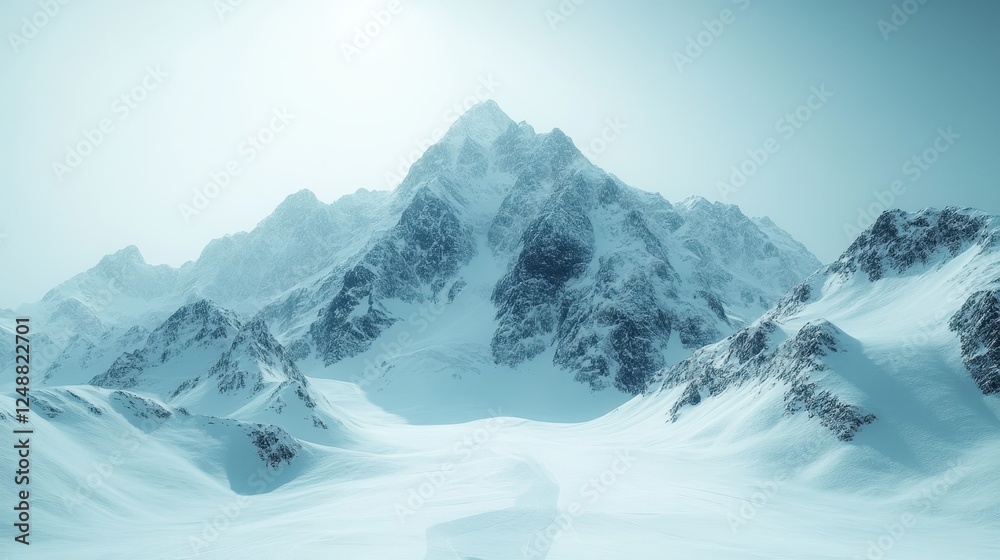 Obraz premium Snowy mountain peak, winter landscape, serene valley, background sky, travel poster