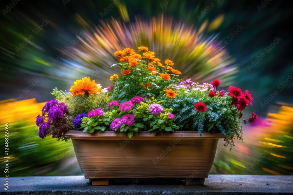 Vibrant night bloom, captured in a rectangular pot, showcases colorful floral still life through long exposure photography. Vibrant night bloom, captured in a rectangular pot, showcases colorful floral still life through long exposure photography.