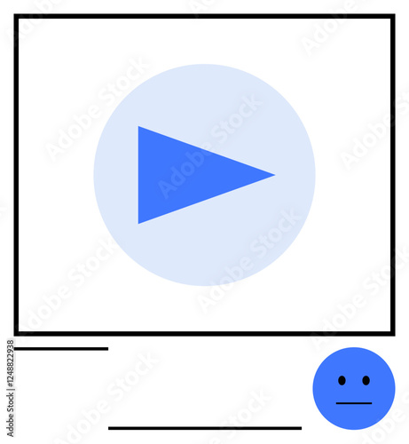 Blue play button inside a screen with a neutral emotion below. Ideal for video streaming, digital media, entertainment, technology, communication, social interaction, abstract line flat metaphor