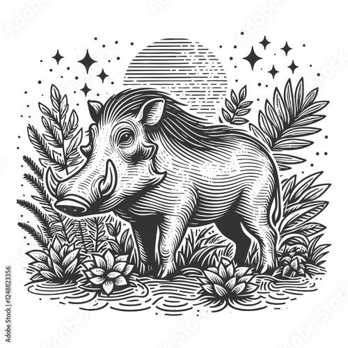 Warthog engraving sketch vector illustration