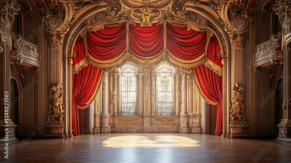 Fototapeta premium Elegant Classic Opera House Interior with Rich Red Drapes and Ornate Details in a Realistic Artistic Style