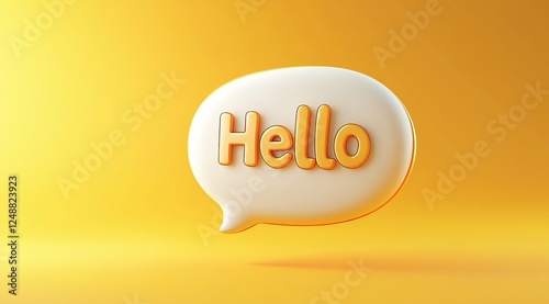3D Hello in speech bubble on yellow background, Ai generated
