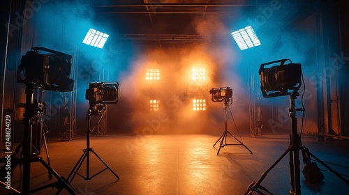 Dramatic Stage Lighting Setup with Colorful Fog and Professional Cameras in a Realistic Production Space