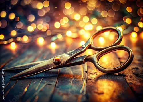 Vintage kitchen scissors, sharply in focus, against a dreamy, blurred rustic background. photo